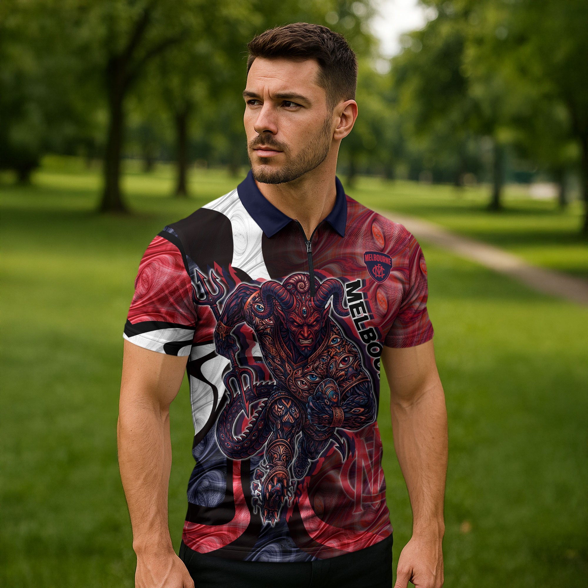 Personalised Melbourne Demons Zipper Polo Shirt Trippy Psychedelic Abstract Art Mascot Football Fans