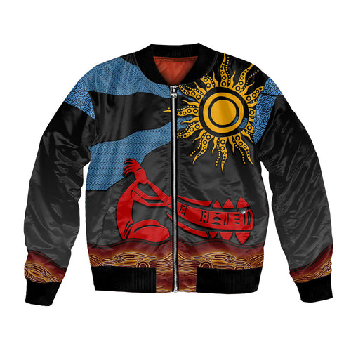Didgeridoo Bomber Jacket Australian Aboriginal Sun Motif Indigenous Art