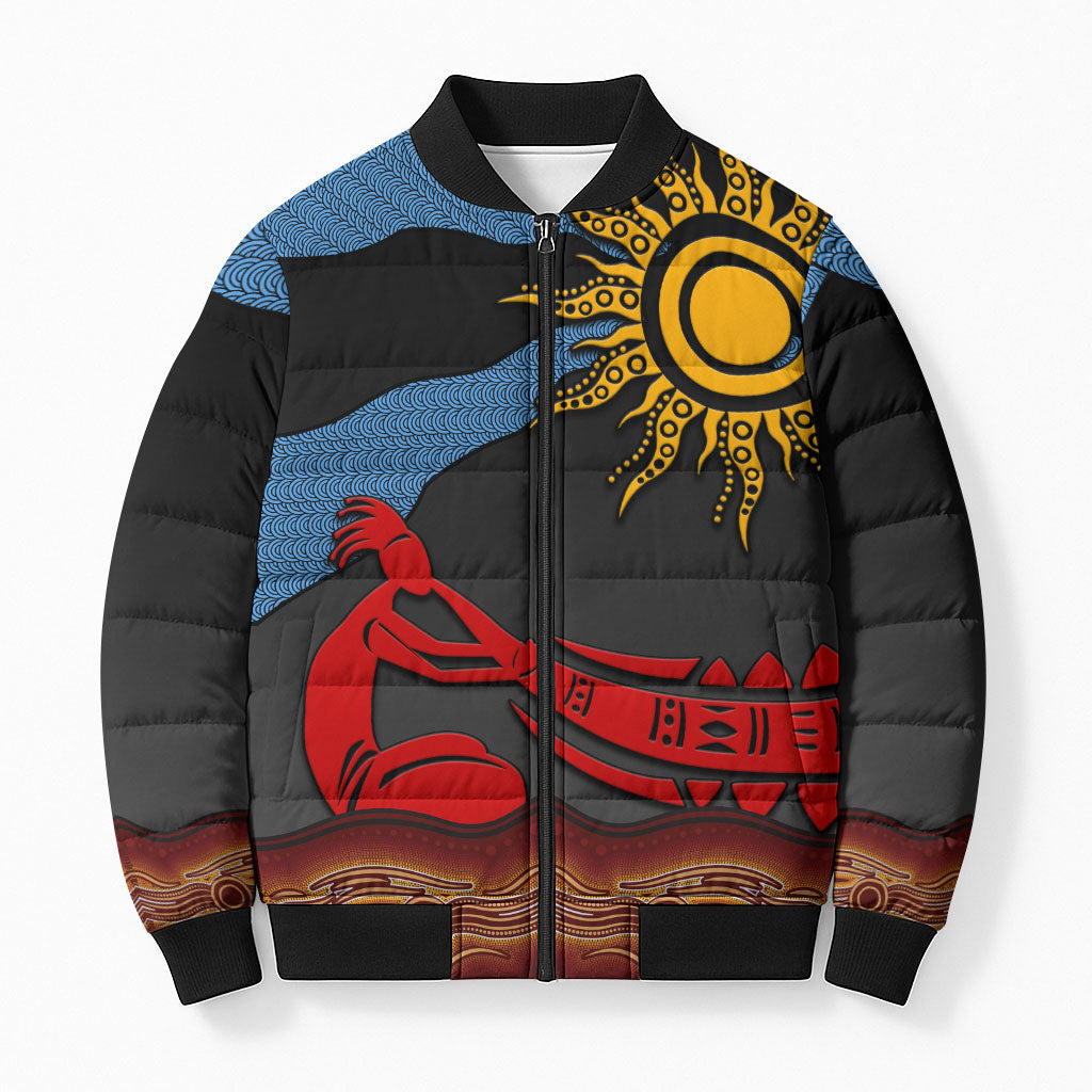 Didgeridoo Bomber Puffer Jacket Australian Aboriginal Sun Motif Indigenous Art