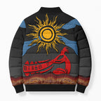 Didgeridoo Bomber Puffer Jacket Australian Aboriginal Sun Motif Indigenous Art