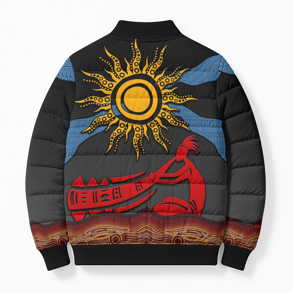 Didgeridoo Bomber Puffer Jacket Australian Aboriginal Sun Motif Indigenous Art