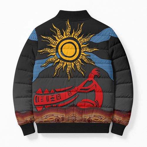 Didgeridoo Bomber Puffer Jacket Australian Aboriginal Sun Motif Indigenous Art