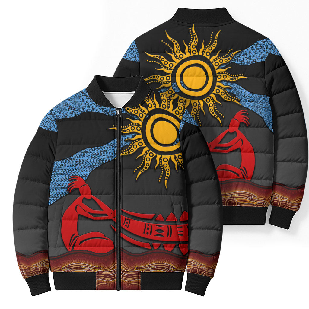 Didgeridoo Bomber Puffer Jacket Australian Aboriginal Sun Motif Indigenous Art