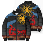 Didgeridoo Bomber Puffer Jacket Australian Aboriginal Sun Motif Indigenous Art
