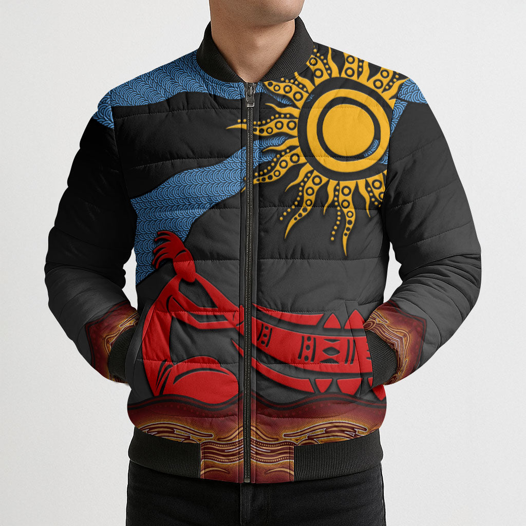 Didgeridoo Bomber Puffer Jacket Australian Aboriginal Sun Motif Indigenous Art