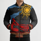 Didgeridoo Bomber Puffer Jacket Australian Aboriginal Sun Motif Indigenous Art