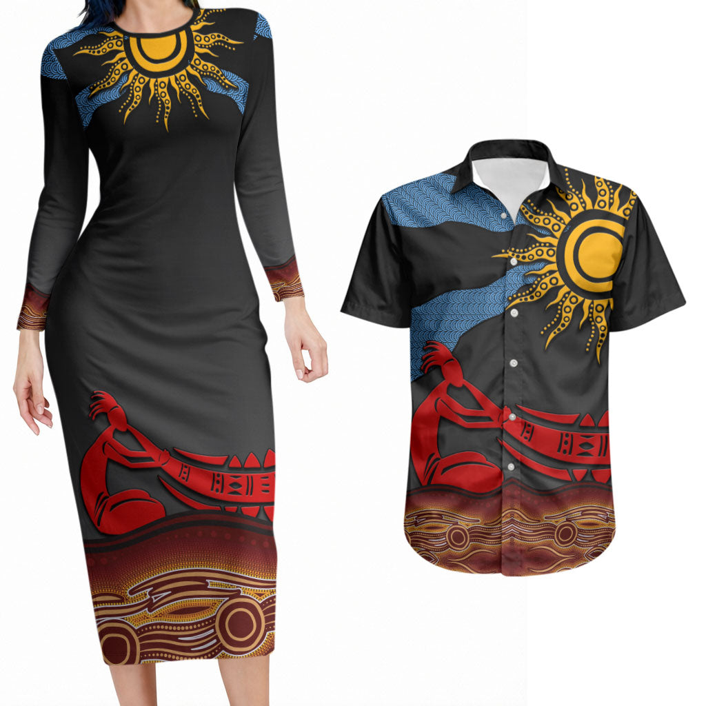Didgeridoo Couples Matching Long Sleeve Bodycon Dress and Hawaiian Shirt Australian Aboriginal Sun Motif Indigenous Art