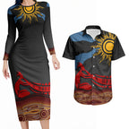 Didgeridoo Couples Matching Long Sleeve Bodycon Dress and Hawaiian Shirt Australian Aboriginal Sun Motif Indigenous Art