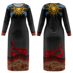Didgeridoo Couples Matching Long Sleeve Bodycon Dress and Hawaiian Shirt Australian Aboriginal Sun Motif Indigenous Art
