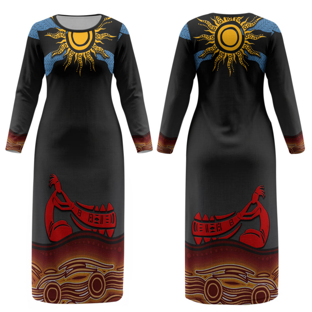 Didgeridoo Couples Matching Long Sleeve Bodycon Dress and Hawaiian Shirt Australian Aboriginal Sun Motif Indigenous Art