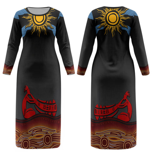 Didgeridoo Couples Matching Long Sleeve Bodycon Dress and Hawaiian Shirt Australian Aboriginal Sun Motif Indigenous Art
