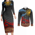 Didgeridoo Couples Matching Long Sleeve Bodycon Dress and Long Sleeve Button Shirt Australian Aboriginal Sun Motif Indigenous Art