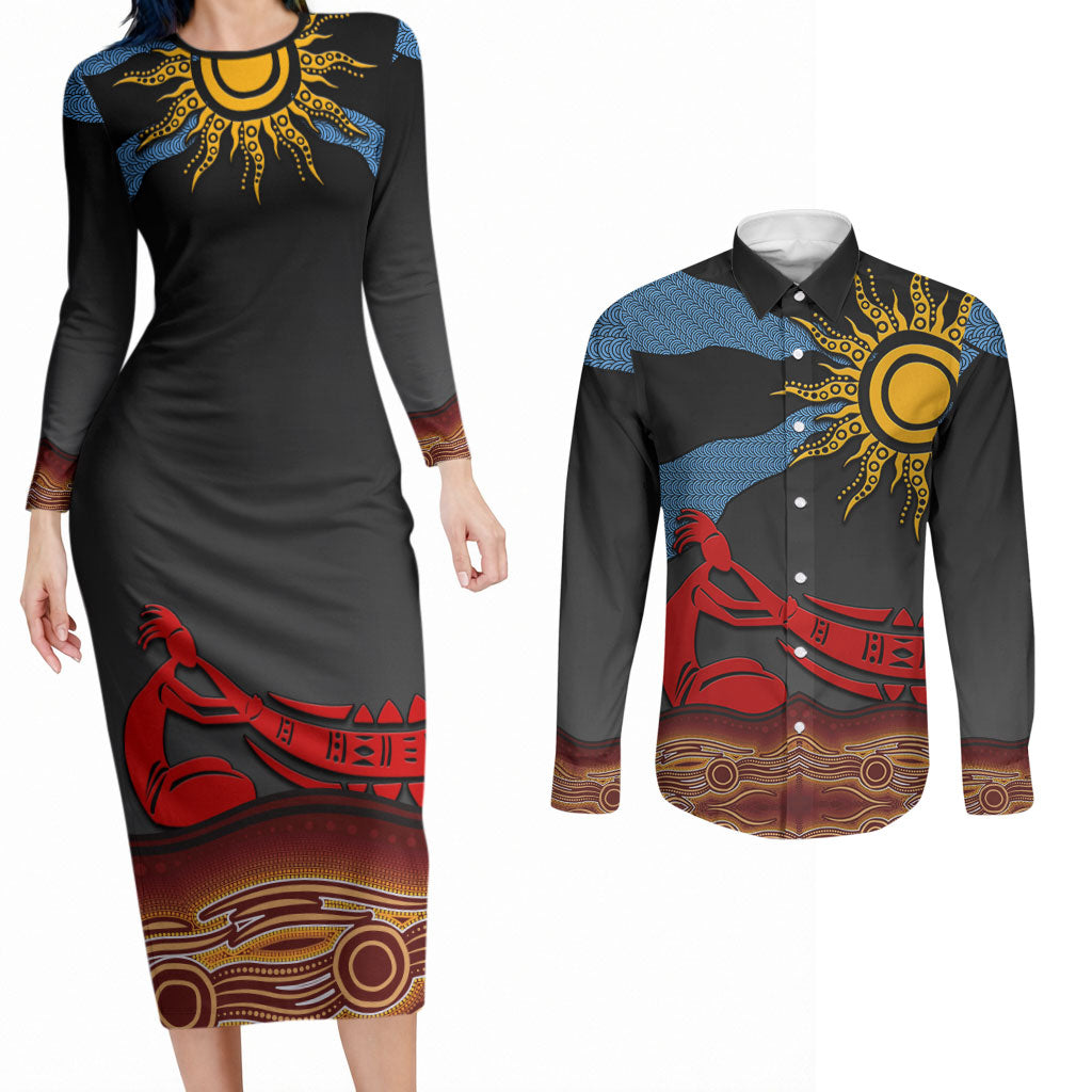 Didgeridoo Couples Matching Long Sleeve Bodycon Dress and Long Sleeve Button Shirt Australian Aboriginal Sun Motif Indigenous Art