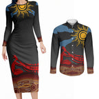 Didgeridoo Couples Matching Long Sleeve Bodycon Dress and Long Sleeve Button Shirt Australian Aboriginal Sun Motif Indigenous Art