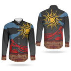 Didgeridoo Couples Matching Long Sleeve Bodycon Dress and Long Sleeve Button Shirt Australian Aboriginal Sun Motif Indigenous Art