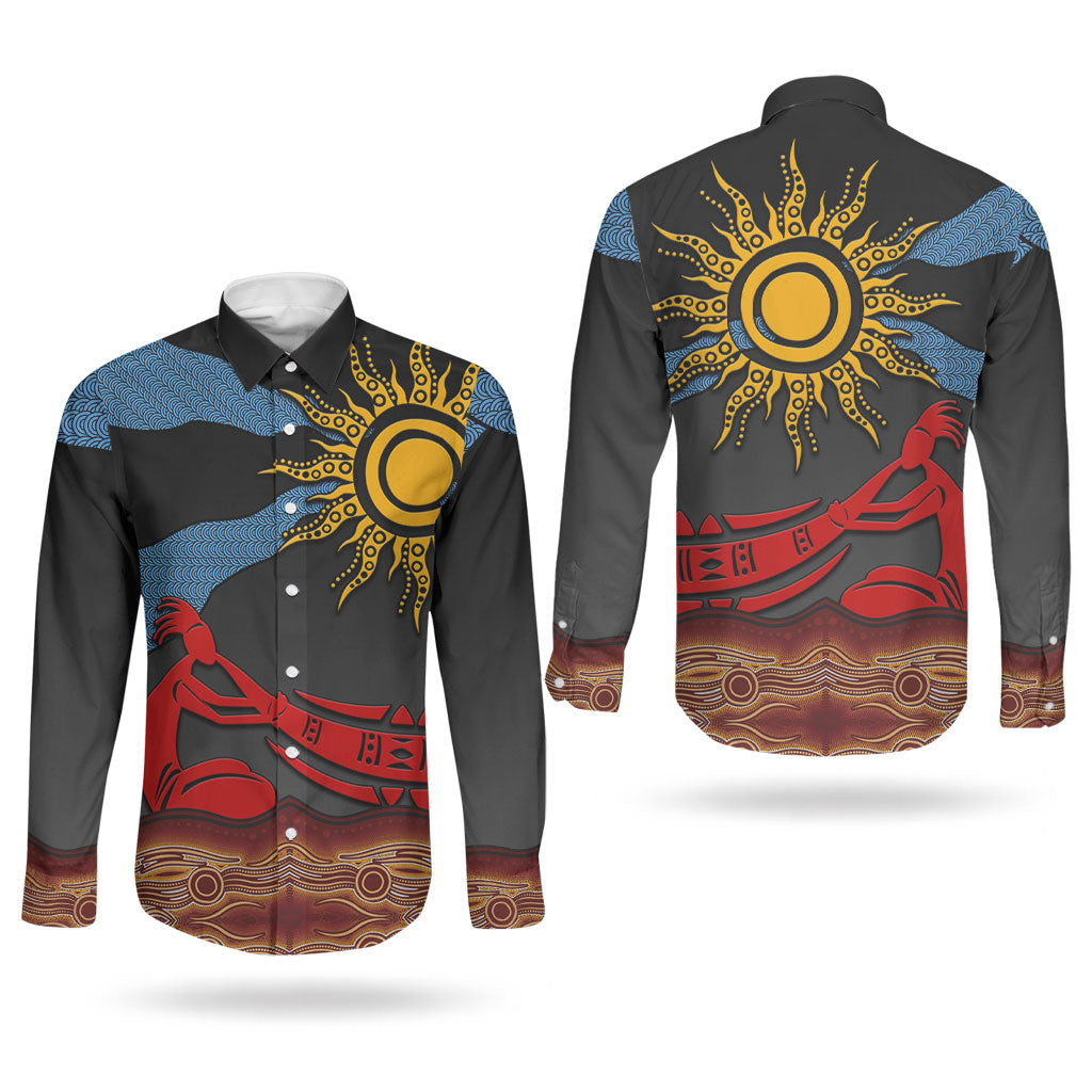 Didgeridoo Couples Matching Long Sleeve Bodycon Dress and Long Sleeve Button Shirt Australian Aboriginal Sun Motif Indigenous Art