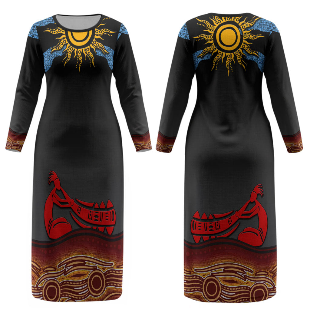 Didgeridoo Couples Matching Long Sleeve Bodycon Dress and Long Sleeve Button Shirt Australian Aboriginal Sun Motif Indigenous Art