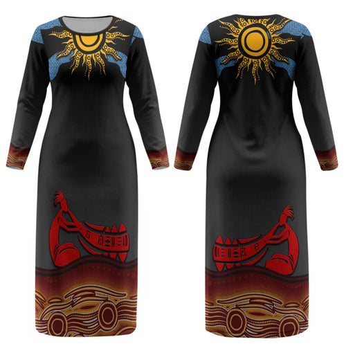 Didgeridoo Couples Matching Long Sleeve Bodycon Dress and Long Sleeve Button Shirt Australian Aboriginal Sun Motif Indigenous Art