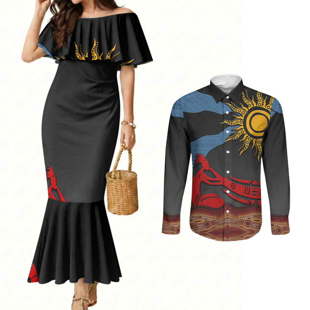 Didgeridoo Couples Matching Mermaid Dress and Long Sleeve Button Shirt Australian Aboriginal Sun Motif Indigenous Art