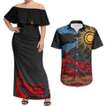 Didgeridoo Couples Matching Off Shoulder Maxi Dress and Hawaiian Shirt Australian Aboriginal Sun Motif Indigenous Art