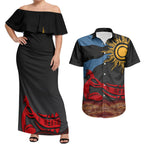 Didgeridoo Couples Matching Off Shoulder Maxi Dress and Hawaiian Shirt Australian Aboriginal Sun Motif Indigenous Art