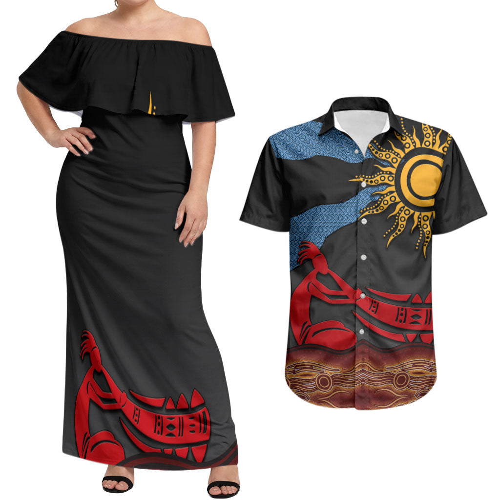 Didgeridoo Couples Matching Off Shoulder Maxi Dress and Hawaiian Shirt Australian Aboriginal Sun Motif Indigenous Art