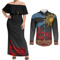 Didgeridoo Couples Matching Off Shoulder Maxi Dress and Long Sleeve Button Shirt Australian Aboriginal Sun Motif Indigenous Art