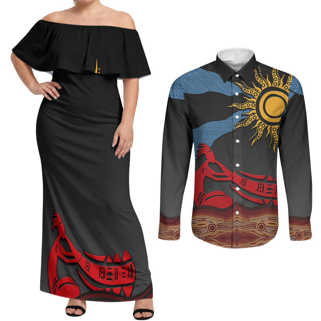 Didgeridoo Couples Matching Off Shoulder Maxi Dress and Long Sleeve Button Shirt Australian Aboriginal Sun Motif Indigenous Art