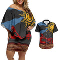 Didgeridoo Couples Matching Off Shoulder Short Dress and Hawaiian Shirt Australian Aboriginal Sun Motif Indigenous Art