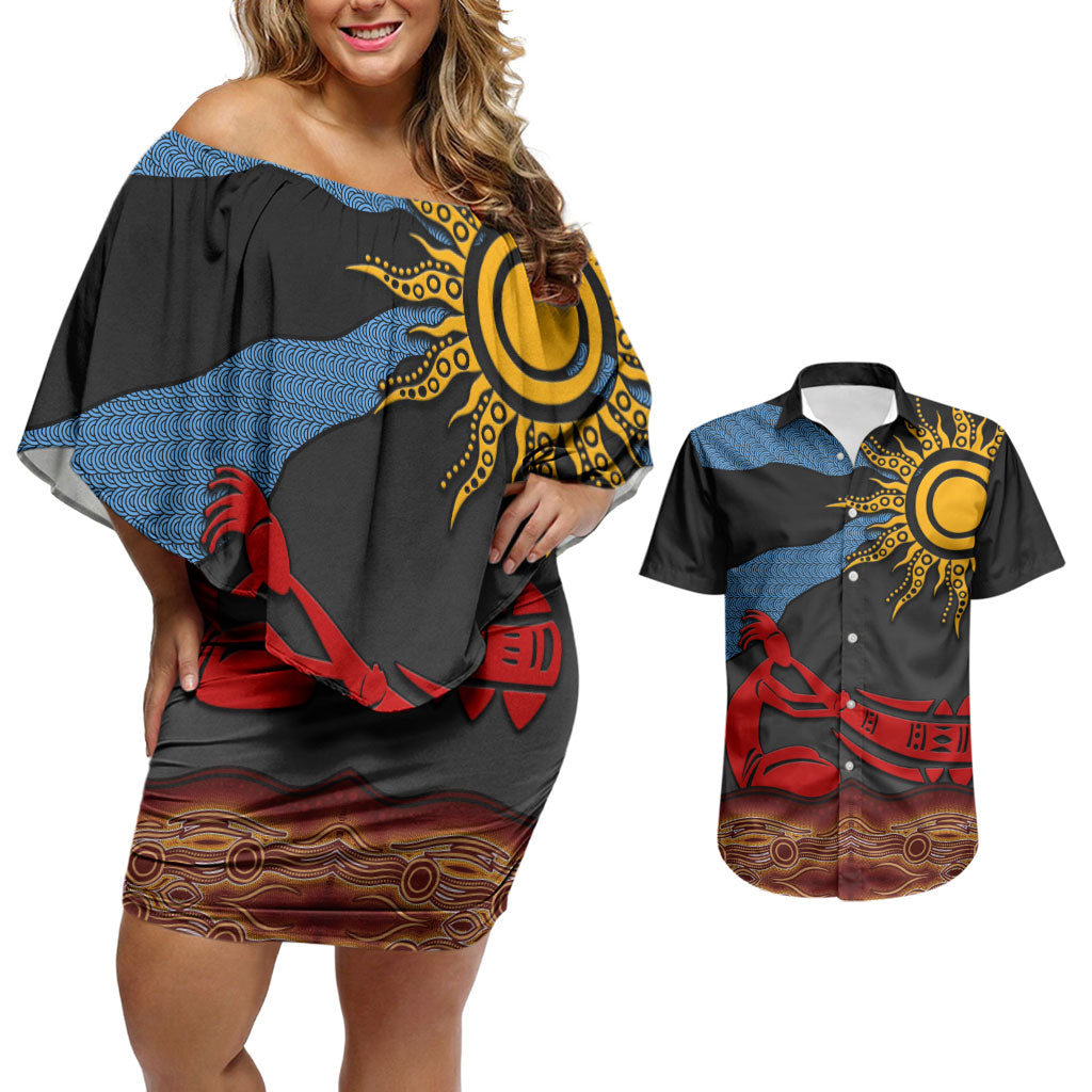Didgeridoo Couples Matching Off Shoulder Short Dress and Hawaiian Shirt Australian Aboriginal Sun Motif Indigenous Art