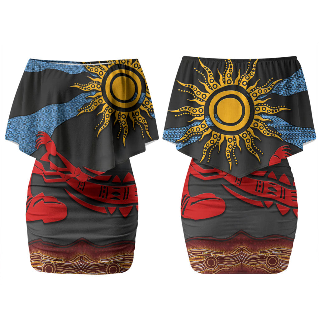 Didgeridoo Couples Matching Off Shoulder Short Dress and Hawaiian Shirt Australian Aboriginal Sun Motif Indigenous Art