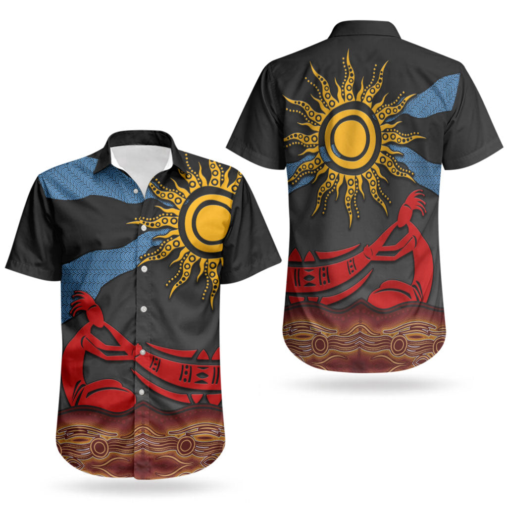 Didgeridoo Couples Matching Off Shoulder Short Dress and Hawaiian Shirt Australian Aboriginal Sun Motif Indigenous Art