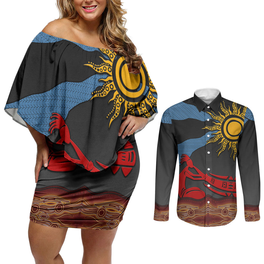 Didgeridoo Couples Matching Off Shoulder Short Dress and Long Sleeve Button Shirt Australian Aboriginal Sun Motif Indigenous Art