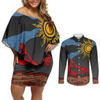 Didgeridoo Couples Matching Off Shoulder Short Dress and Long Sleeve Button Shirt Australian Aboriginal Sun Motif Indigenous Art