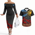 Didgeridoo Couples Matching Off The Shoulder Long Sleeve Dress and Hawaiian Shirt Australian Aboriginal Sun Motif Indigenous Art