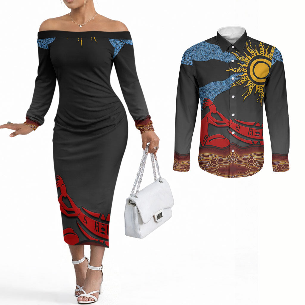 Didgeridoo Couples Matching Off The Shoulder Long Sleeve Dress and Long Sleeve Button Shirt Australian Aboriginal Sun Motif Indigenous Art