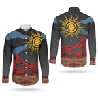 Didgeridoo Couples Matching Off The Shoulder Long Sleeve Dress and Long Sleeve Button Shirt Australian Aboriginal Sun Motif Indigenous Art