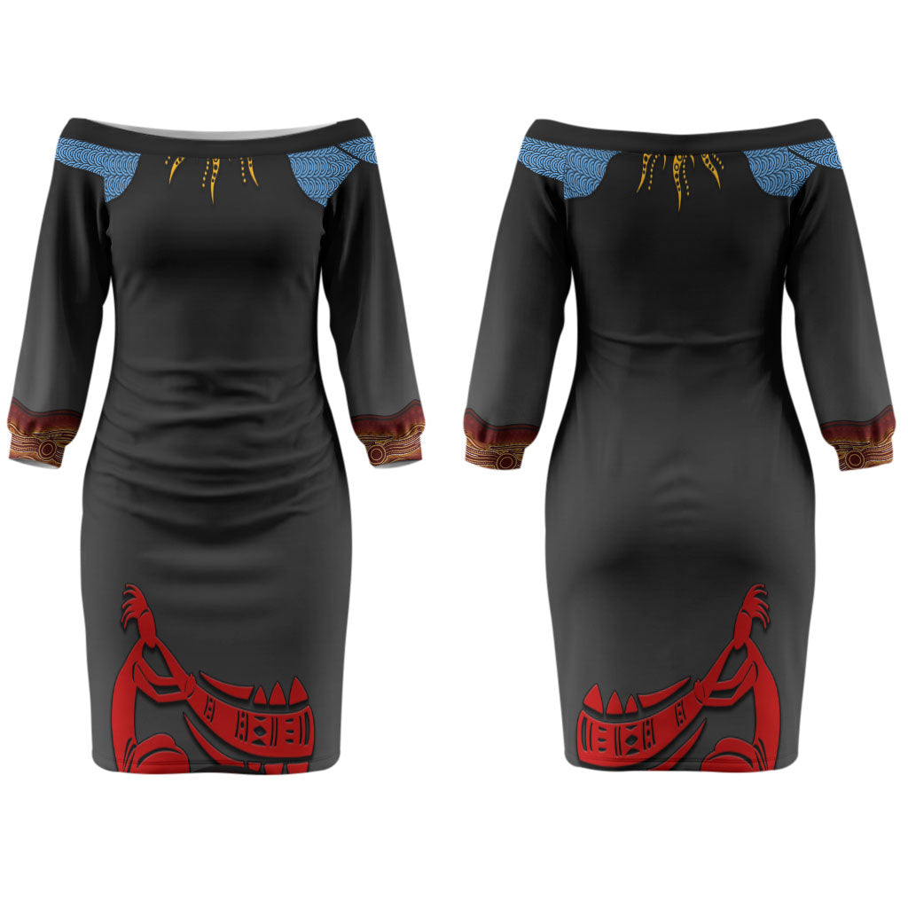 Didgeridoo Couples Matching Off The Shoulder Long Sleeve Dress and Long Sleeve Button Shirt Australian Aboriginal Sun Motif Indigenous Art