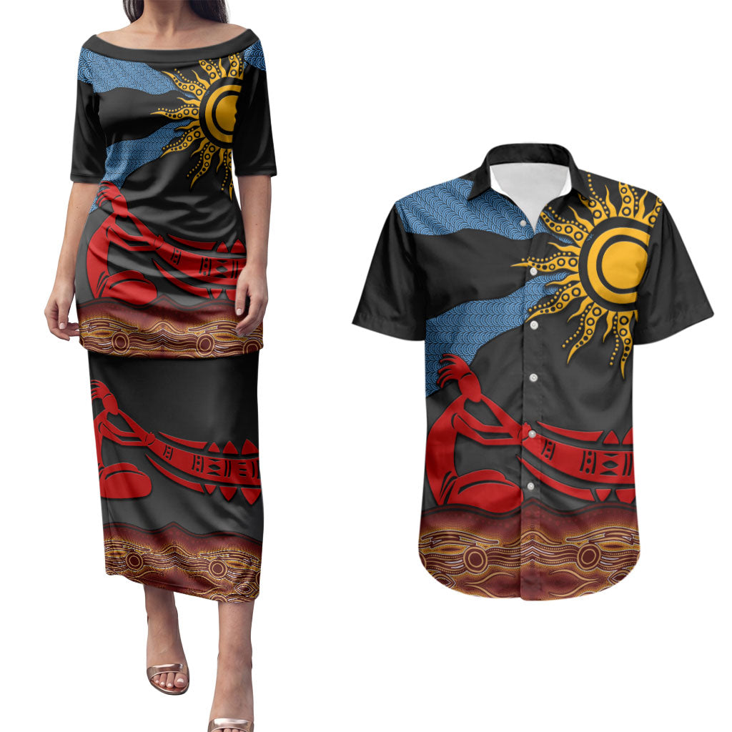 Didgeridoo Couples Matching Puletasi and Hawaiian Shirt Australian Aboriginal Sun Motif Indigenous Art