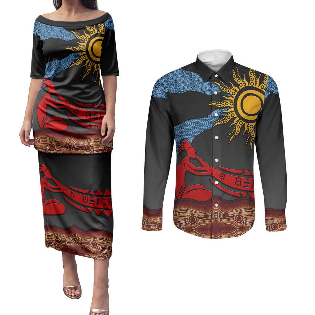 Didgeridoo Couples Matching Puletasi and Long Sleeve Button Shirt Australian Aboriginal Sun Motif Indigenous Art