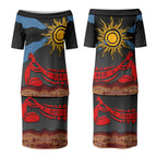 Didgeridoo Couples Matching Puletasi and Long Sleeve Button Shirt Australian Aboriginal Sun Motif Indigenous Art