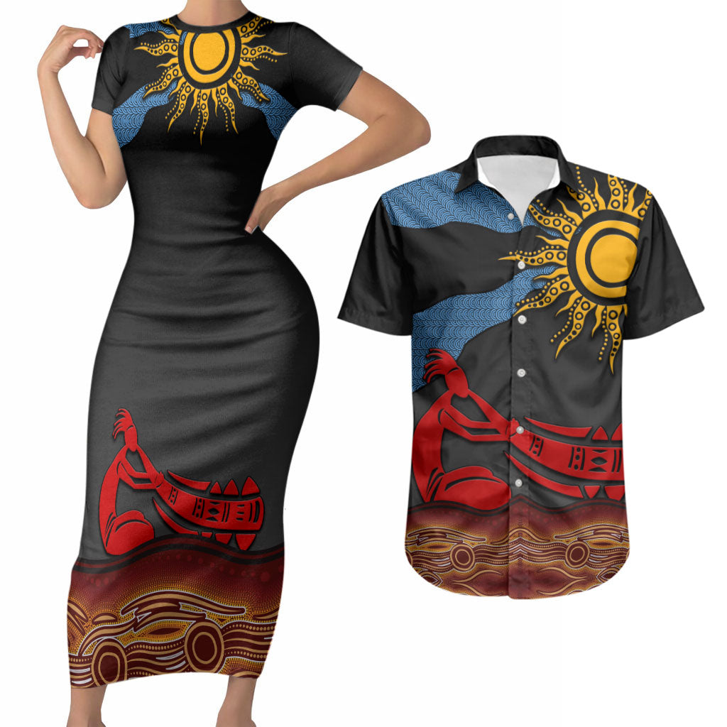 Didgeridoo Couples Matching Short Sleeve Bodycon Dress and Hawaiian Shirt Australian Aboriginal Sun Motif Indigenous Art