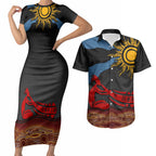 Didgeridoo Couples Matching Short Sleeve Bodycon Dress and Hawaiian Shirt Australian Aboriginal Sun Motif Indigenous Art