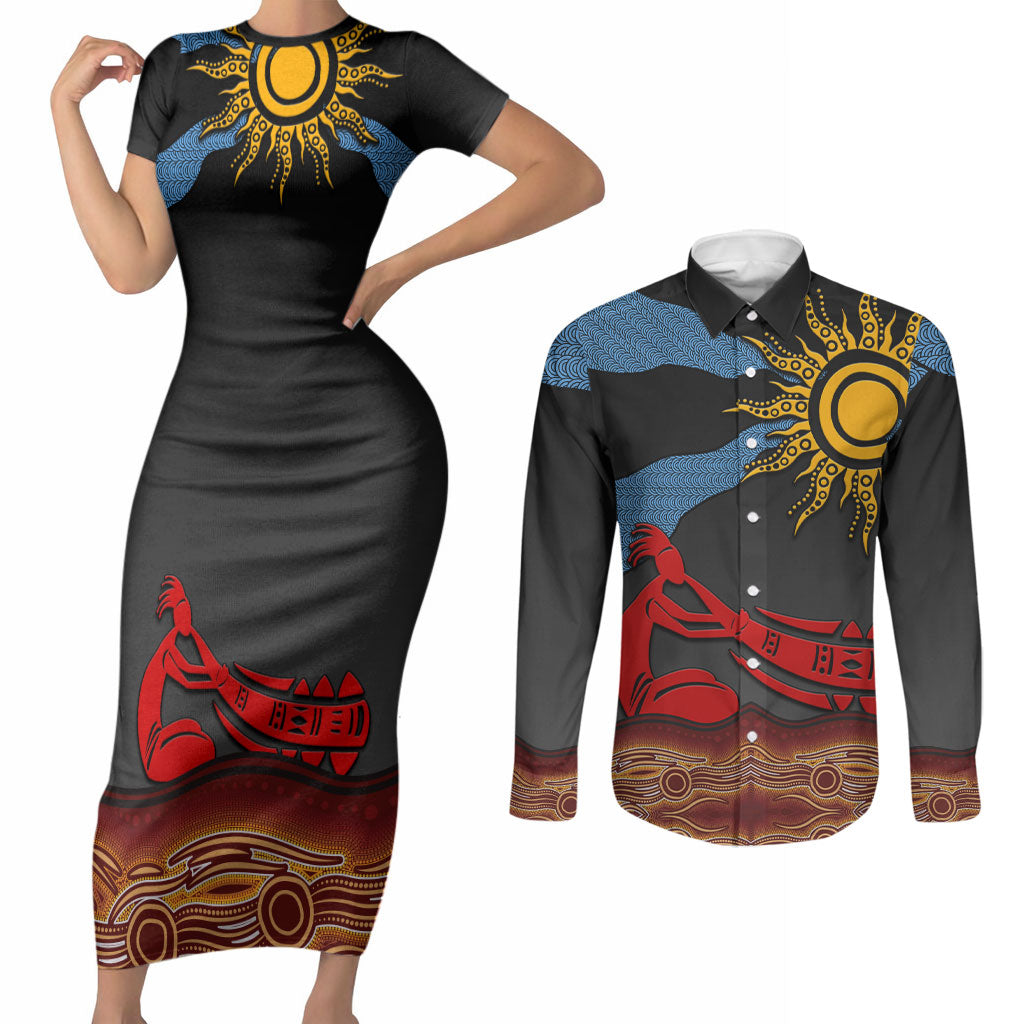 Didgeridoo Couples Matching Short Sleeve Bodycon Dress and Long Sleeve Button Shirt Australian Aboriginal Sun Motif Indigenous Art