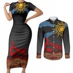 Didgeridoo Couples Matching Short Sleeve Bodycon Dress and Long Sleeve Button Shirt Australian Aboriginal Sun Motif Indigenous Art