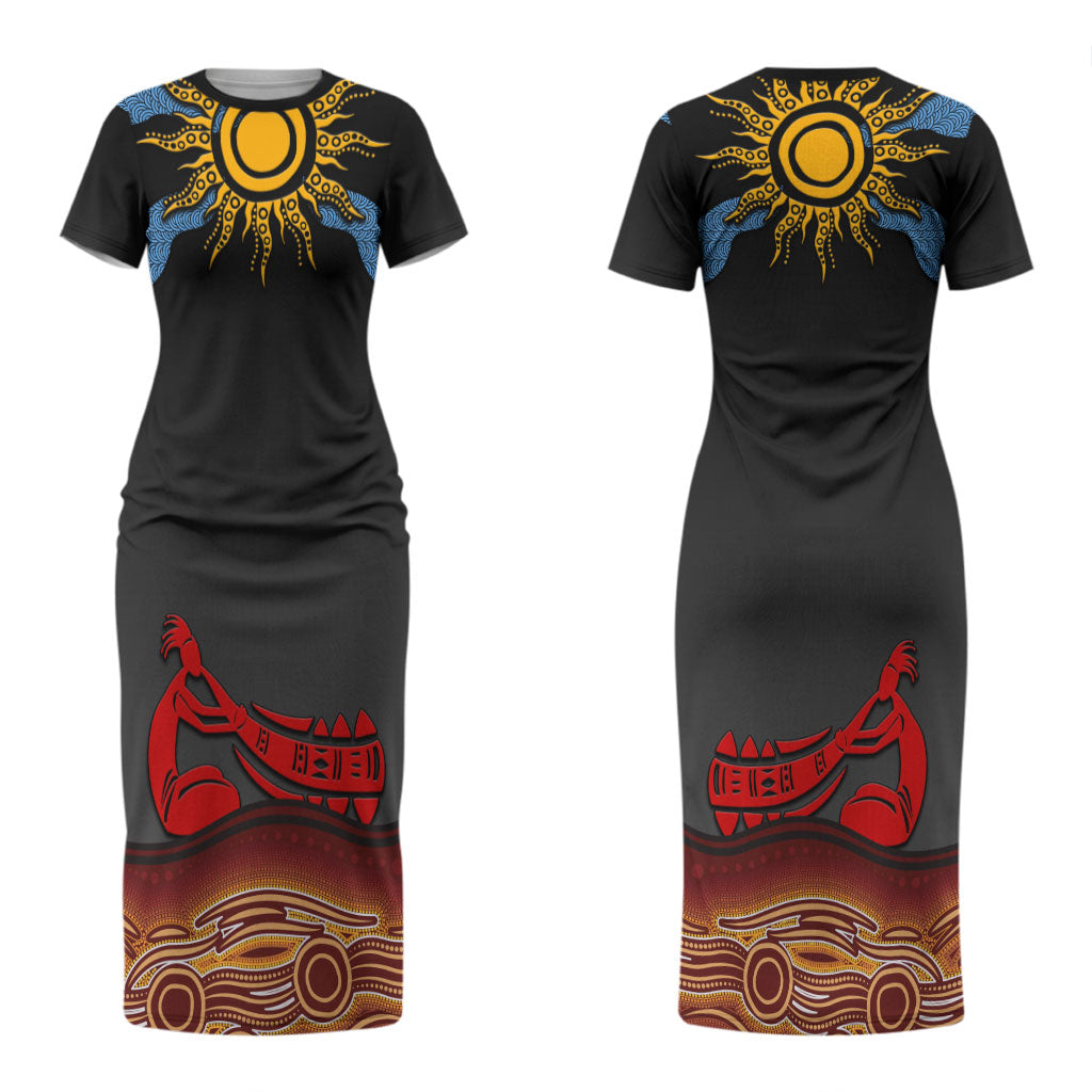 Didgeridoo Couples Matching Short Sleeve Bodycon Dress and Long Sleeve Button Shirt Australian Aboriginal Sun Motif Indigenous Art