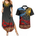 Didgeridoo Couples Matching Summer Maxi Dress and Hawaiian Shirt Australian Aboriginal Sun Motif Indigenous Art