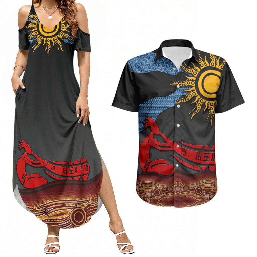 Didgeridoo Couples Matching Summer Maxi Dress and Hawaiian Shirt Australian Aboriginal Sun Motif Indigenous Art