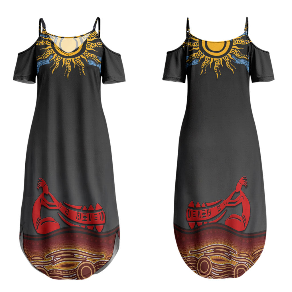 Didgeridoo Couples Matching Summer Maxi Dress and Hawaiian Shirt Australian Aboriginal Sun Motif Indigenous Art
