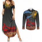 Didgeridoo Couples Matching Summer Maxi Dress and Long Sleeve Button Shirt Australian Aboriginal Sun Motif Indigenous Art